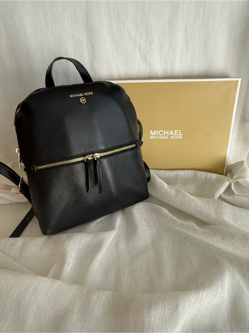 Michael Kors Black Leather Backpack with Gold Zipper Accents